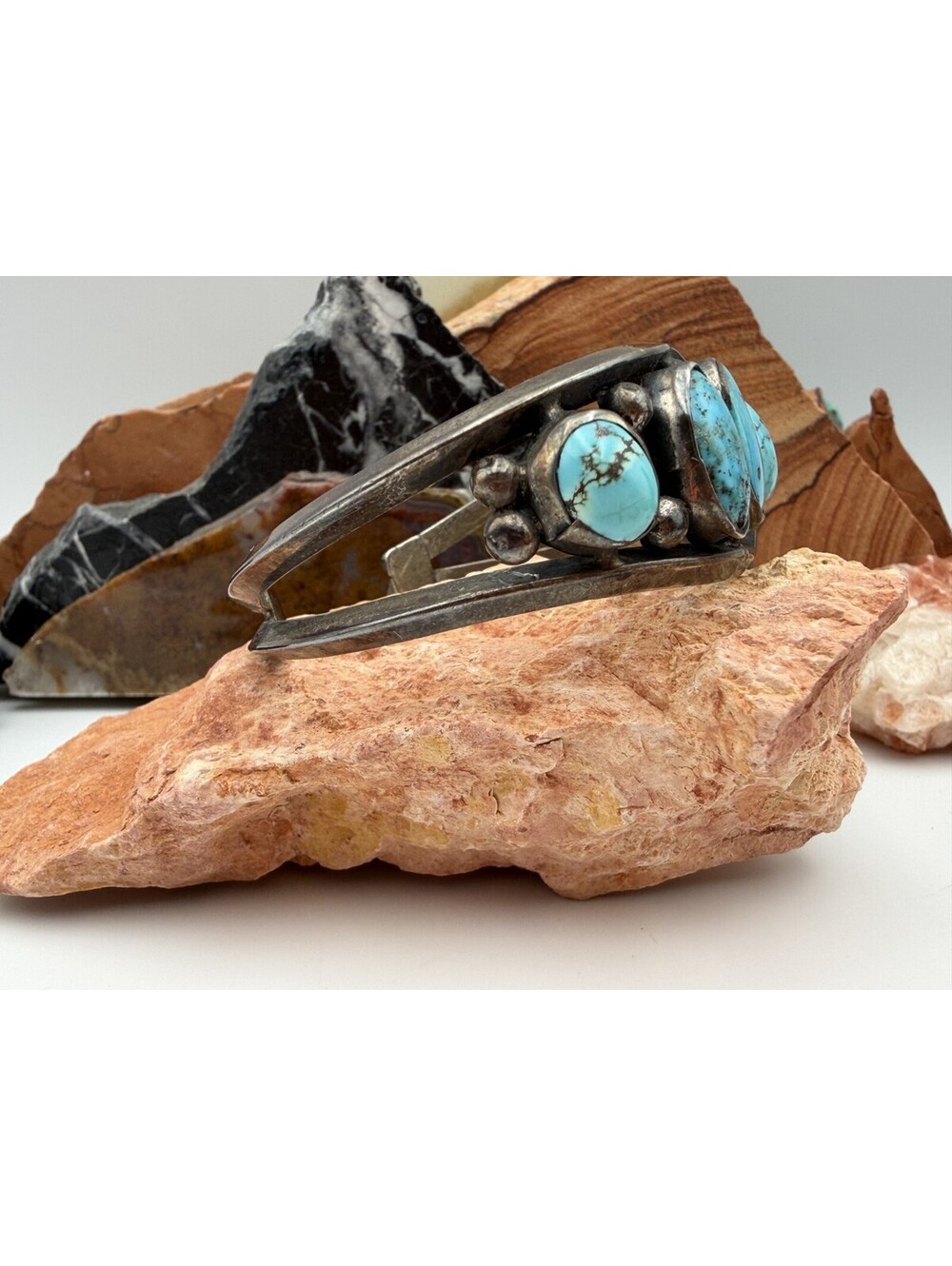 Vintage Native American Turquoise Multi-Stone Sterling Silver Cuff Bracelet - Picture 6 of 9